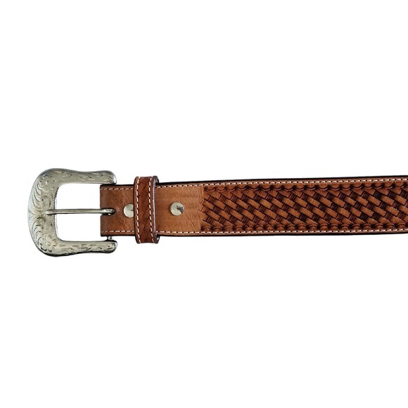 Western Rodeo Tooled Leather TEXAS Color Beaded Belt Basket Weave Billet Size 36 - Picture 3 of 5